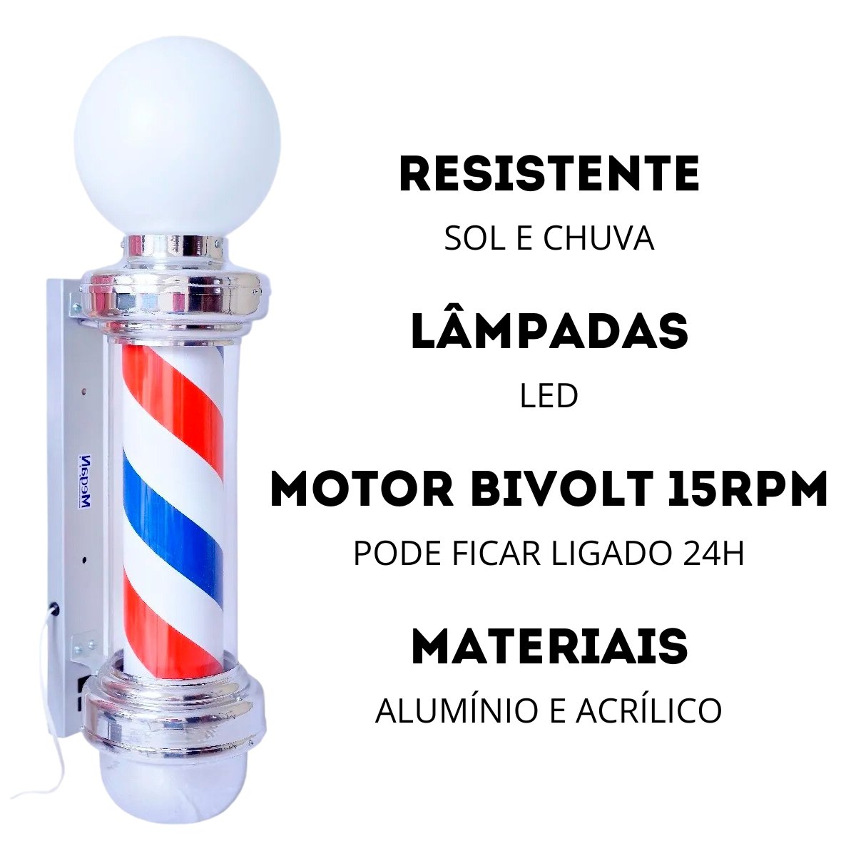 Barber Pole Poste Barbeiro com Globo 65cm Gira e Acende Bivolt Megan - 2