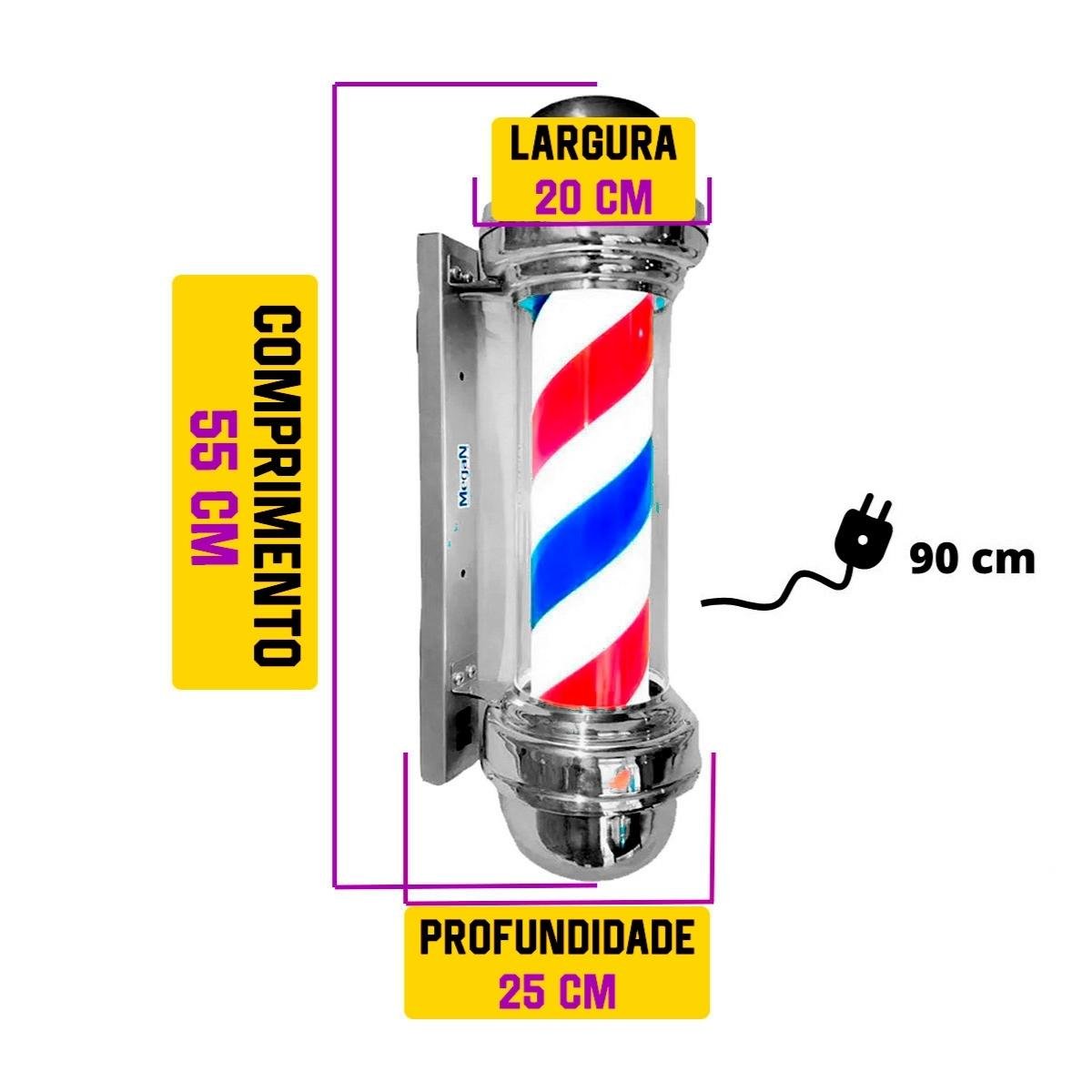 Barber Pole Poste Barbeiro Sem Globo Gira e Acende Decoração 55cm - 127v - 3