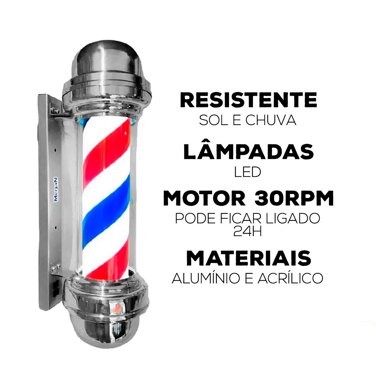 Barber Pole Poste Barbeiro Sem Globo Gira e Acende Decoração 55cm - 127v - 2