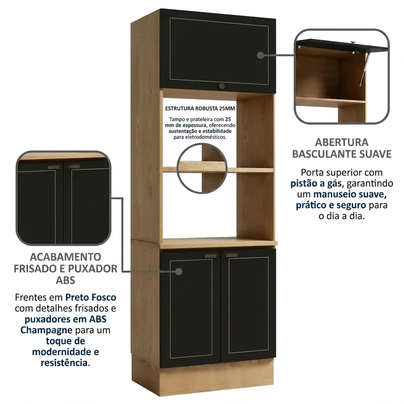 Ver imagem 5 de Torre Quente de Cozinha 3 Portas e 3 Nichos para Forno e Microondas Conecta Cinamomo/Preto