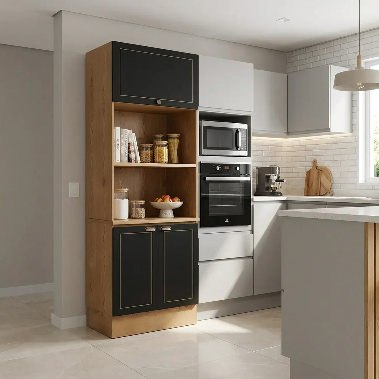Torre Quente de Cozinha 3 Portas e 3 Nichos para Forno e Microondas Conecta Cinamomo/Preto