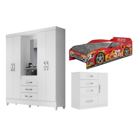 Jogo Três Peças Infantil Cama Car Estrela Guarda-Roupa e Cômoda Moval