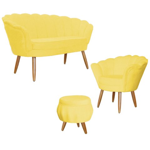 Kit Pétala - Poltrona, Namoradeira e Puff Suede - Ds Estofados Amarelo
