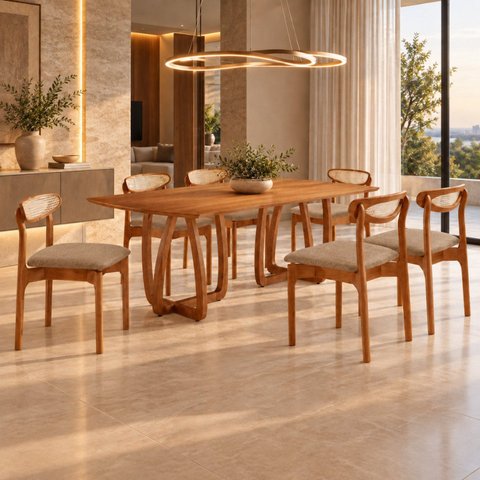 Conjunto de Mesa de Jantar Ello Tampo 180cm Barril Laminado com 6 Cadeiras Mônaco Premium