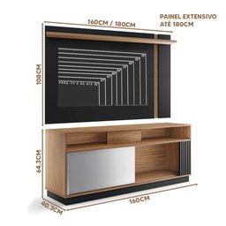Painel Com Rack Espelhado Para TV Até 70 Polegadas Noce Milano Preto Fosco Calic E Wend Shop JM - 4
