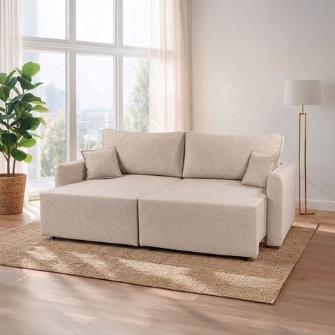 Sofa Cama 3 Lugares 2,00 m Pé de Madeira Los Angeles:Bege/Linho