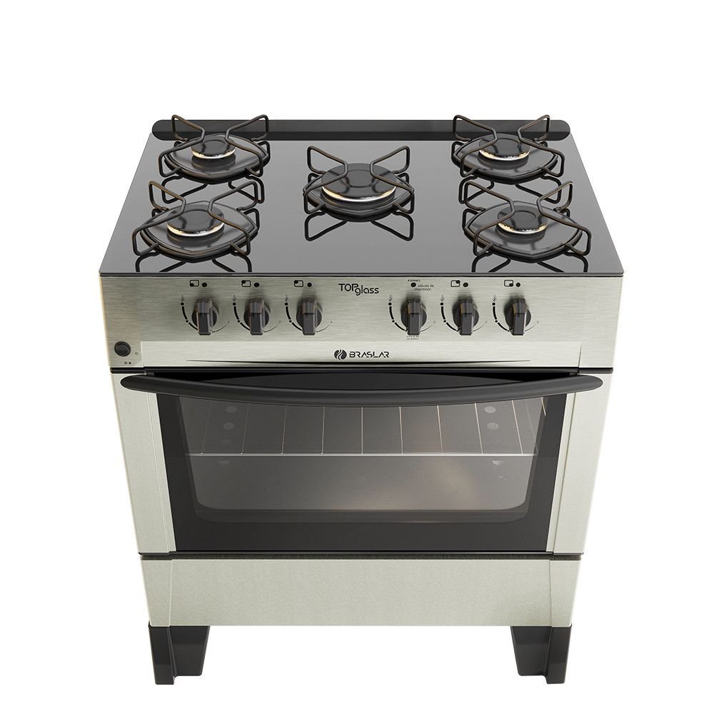 Fogão 5 Bocas Braslar Glass Top Plus Inox Mesa em Vidro - Bivolt