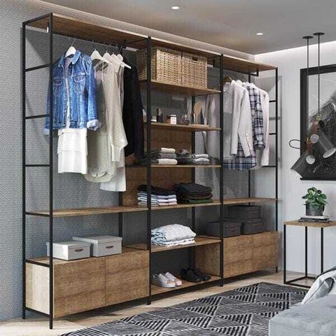 Conjunto Closet Modulado em Estilo Industrial e Mesa de Cabeceira 27803 Steel Quadra Artesano