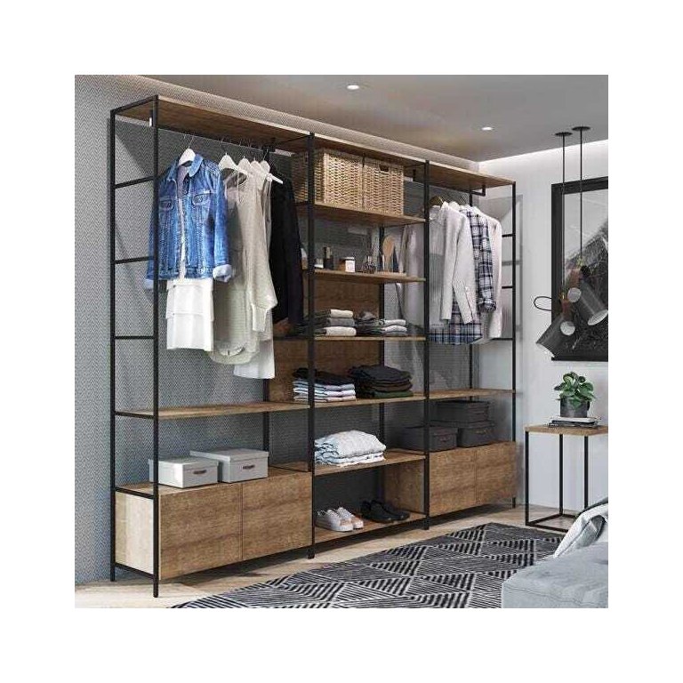 Conjunto Closet Modulado em Estilo Industrial e Mesa de Cabeceira 27803 Steel Quadra Artesano