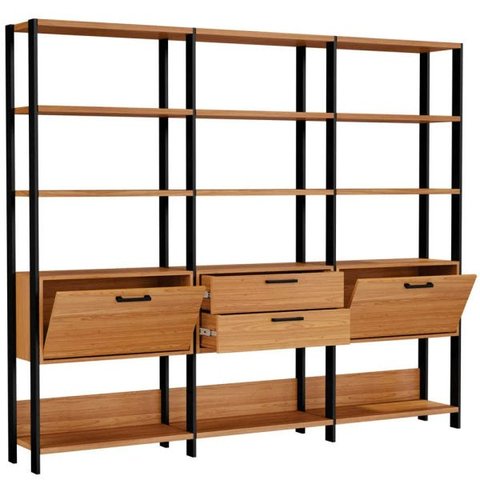 Kit 3 Estantes 5 Prateleiras 2 Gavetas 1 Porta Trend 185X73 cm Freijó Preto Fosco - Lyam Decor