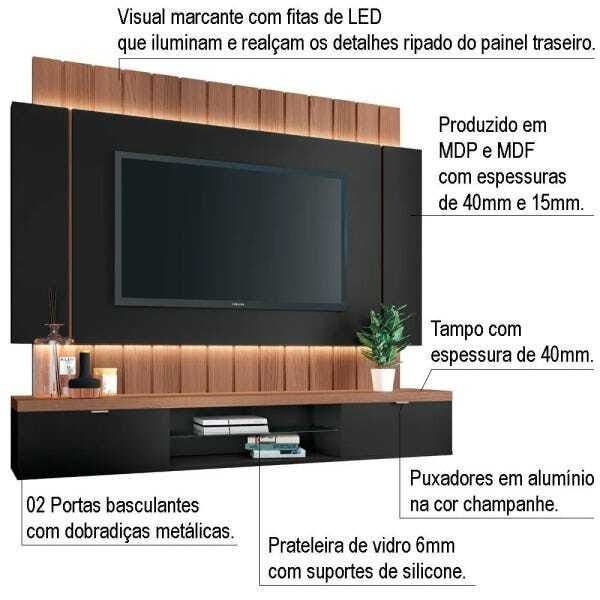 Painel Home Suspenso para Tv até 55 Sala de Estar Shawn Preto/nature - Gran Belo - 2