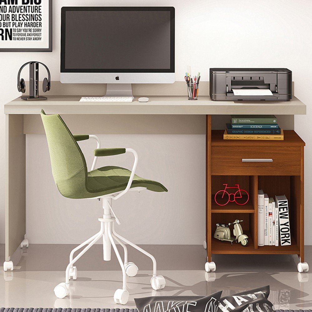 Mesa para Computador Slim 1 Gaveta com Rodízio Off White/Freijó - Giga Móveis
