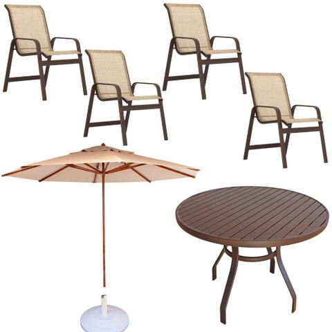 Conjunto Lótus com Mesa 80cm Ripada 4 Poltronas Ombrelone 2,40m com Base Marrom Claro