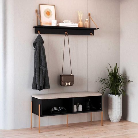 Sapateira com Banco Estofado e Nichos sem Portas 1 Prateleira 93cm MDP Nero com Dourado