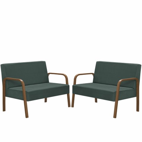 Kit Poltrona Decorativa 2 Namoradeiras Luna Braço Madeira D Salla Suede Verde