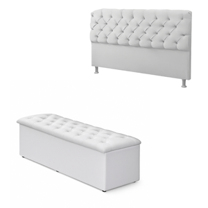 Cabeceira Mais Calçadeira Baú Casal 140cm para Cama Box Sofia Corino Branco