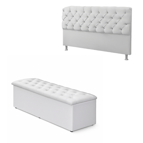 Cabeceira Mais Calçadeira Baú Casal 140cm para Cama Box Sofia Corino Branco
