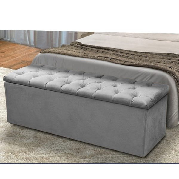 Cabeceira Mais Calçadeira Baú Casal 140cm Para Cama Box Sofia Suede Cinza - 3