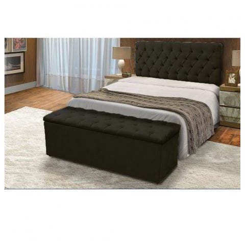 Cabeceira Mais Calçadeira Baú Casal 140cm Para Cama Box Sofia Suede Preta