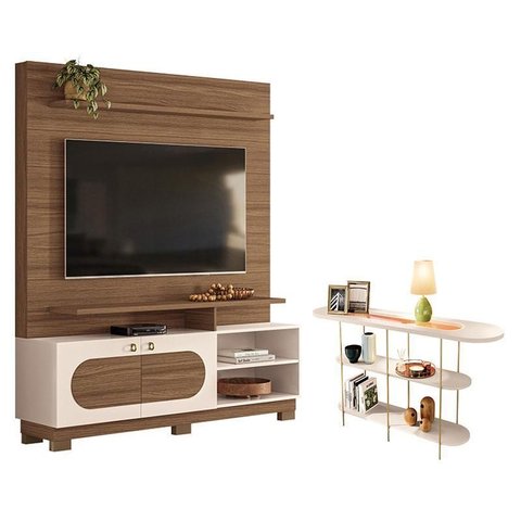 Estante Home Theater Axis Castanho Off White com Aparador Infinity Off White - Hb Móveis