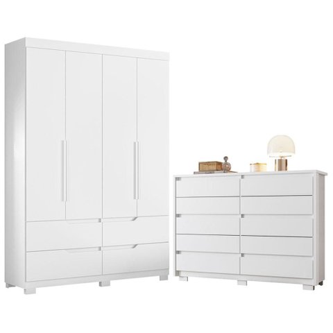Guarda Roupa Solteiro Doble 04 Portas e Cômoda Duetto Branco - Móveis Albatroz