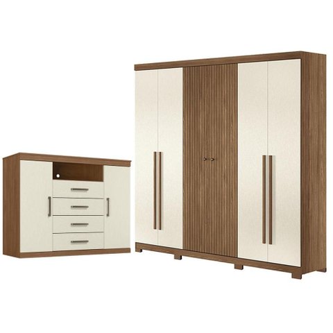 Guarda Roupa Casal Ripado 6 Portas Buriti com Pés e Cômoda Havana Master Jatobá Areia Acetinado