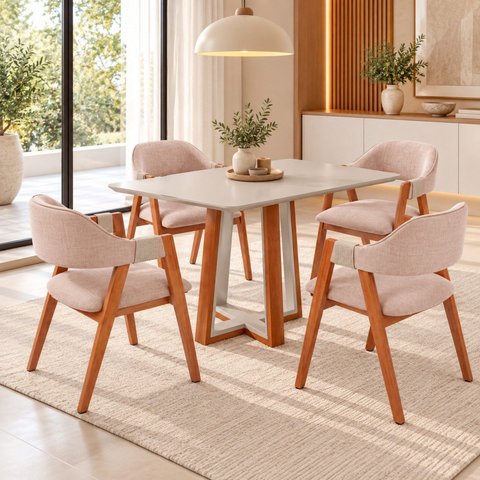 Conjunto Mesa Viena com Tampo Off White e 4 Cadeiras Serena Estofadas com Braços de Corda Artesanal