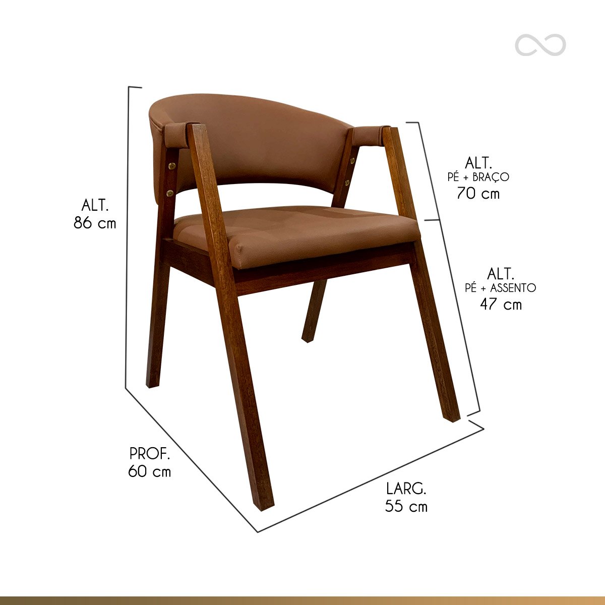 Kit 2 Cadeiras de Jantar com Braço Madeira Estofada Curva Marrom Claro Ravena Ccs - 3