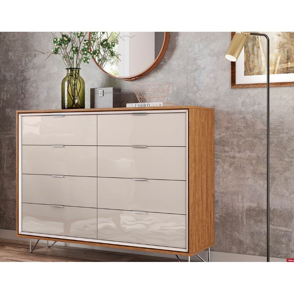 Cômoda Grande Para Quarto 8 gavetas Pés Aço Premium Amêndoa Com Off ...