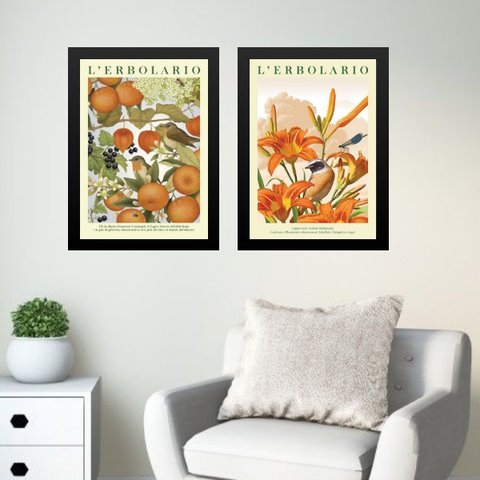 Kit 2 Quadros Flores Laranjas com Passarinhos 45x34cm - com Vidro:moldura Preta