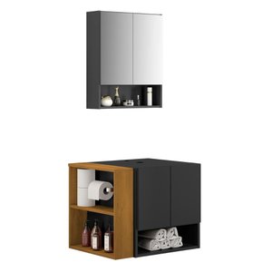 Gabinete Armario Troia Banheiro com Espelheira e Papeleira Preto Fosco/naturale