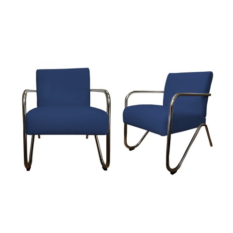 Kit 2 Poltronas Decorativa Bela Suede Azul Marinho Braço Cromado Ms Decor