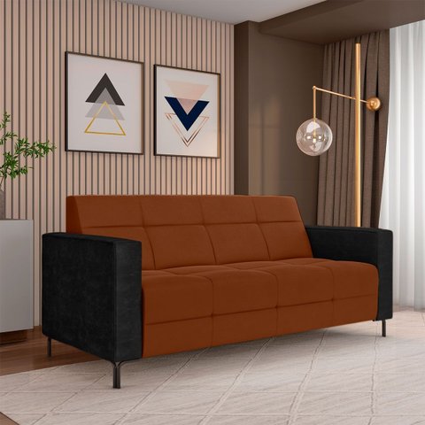 Sofá Living Decorativo Houston 2 Lugares 200cm Pés em Metal Veludo/ PU Marrom Vermelho/ Preto G33 - 
