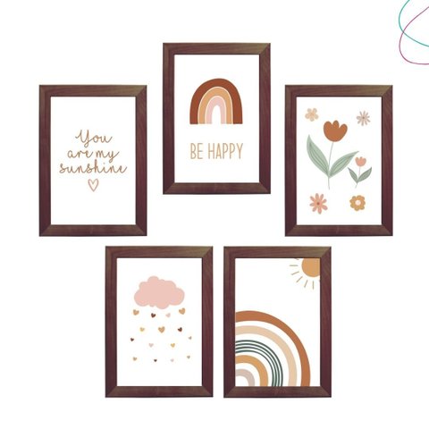 Kit 5 Quadros Decorativos Arco-íris Boho Escandinavo:tabaco