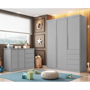 Conjunto Infantil Guarda Roupa e Cômoda Jade Mdf Cinza Semi Brilho - Sallar Home