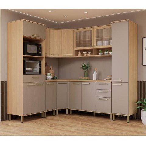 Cozinha Completa de Canto 100% Mdf 418cm Duna Luciane Móveis Freijó-cinammon