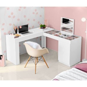 Penteadeira Escrivaninha de Canto Pop com Espelho - Branco