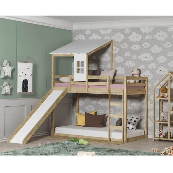 Beliche Montessoriano Prime Escorregador e Telhado II Natural - Casatema Menor preço em Beliche Montessoriano Prime Escorregador e Telhado II Natural - Casatema