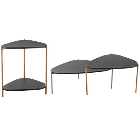 Kit 02 Mesas de Centro e 01 Mesa Lateral Pés Metálicos Adek A03 Nero Dourado - Lyam Decor