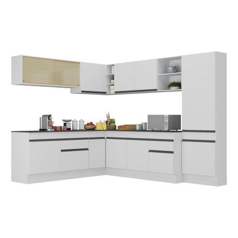 Armário de Cozinha Completa de Canto com Rodapé Veneza Multimóveis V2100 Branco/Preto