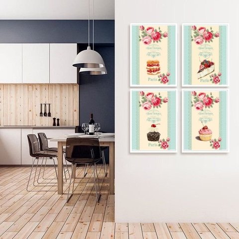 Kit 4 Quadros Vintage para Cozinha Doces e bolos 24x18cm - com Vidro:madeira Branca