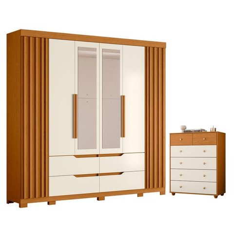 Guarda Roupa Casal Doble com Espelho 06 Portas e Cômoda Vittoria Cinamomo Off White - Móveis Albatro