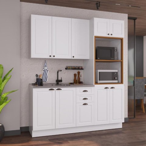 Armário de Cozinha Modulada Compacta Fidelitá Nara 100% MDF 3 Peças 190cm 10 Portas 2 Gavetas sem
