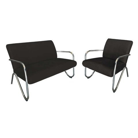 Kit Namoradeira + Poltrona Decorativa Bela Couro Preto Braço Cromado