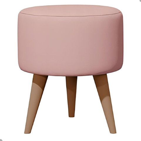 Puff Madri Banqueta Redonda em Linho Pés Eucalipto Pufe Sala:rosa