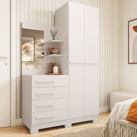 Guarda-Roupa Solteiro 2 Portas 4 Gavetas com Espelho Flex Color 100% MDF 110cm Zínia Espresso Móveis Branco/Rosa/Azul/Lilás