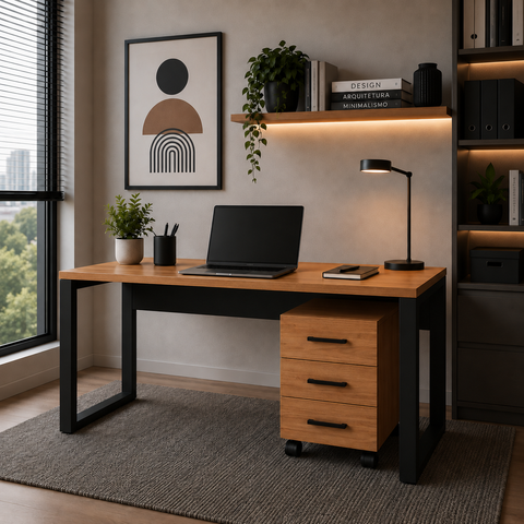 Mesa Escritório Escrivaninha Industrial 140cm x 60cm com Gaveteiro 03 Gavetas 100% MDF F5 Office
