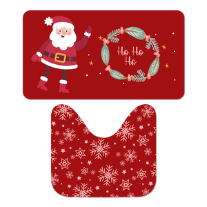Jogo de Tapete para Banheiro Natalino Noel e Flocos de Neve Capa de Almofada