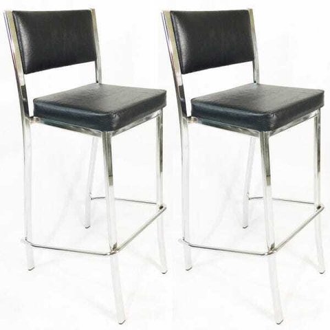 Kit 2 Banquetas Empilhável Cromada Cozinha Alta Assento E Encosto Estofado Preto