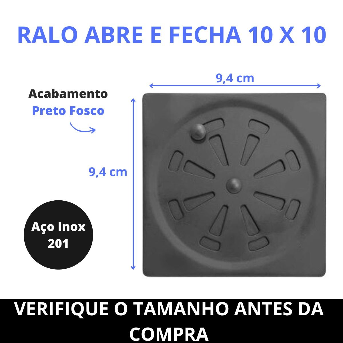 Ralo Grelha Quadrado Preto 10x10 Abre e Fecha Black Inox 201 - 4